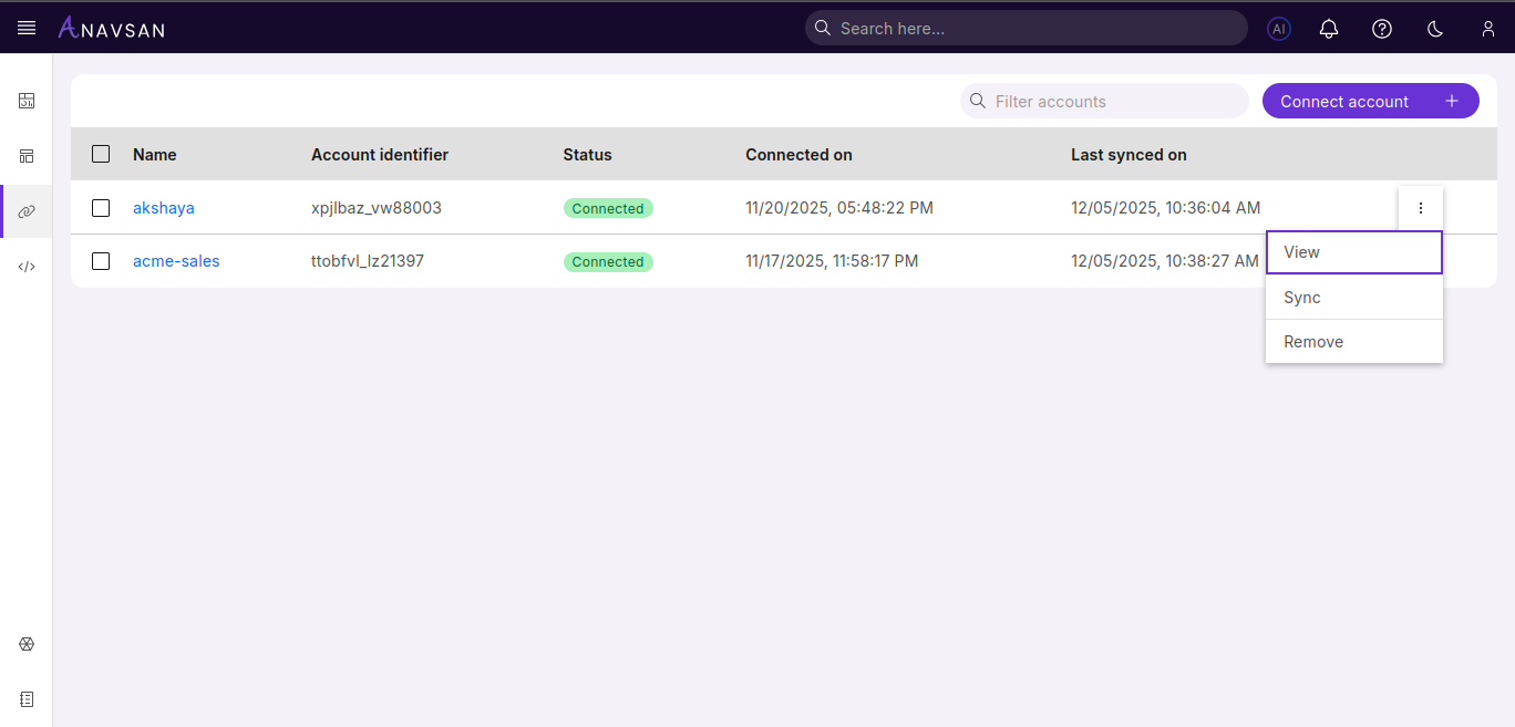 Accounts List - Actions Menu