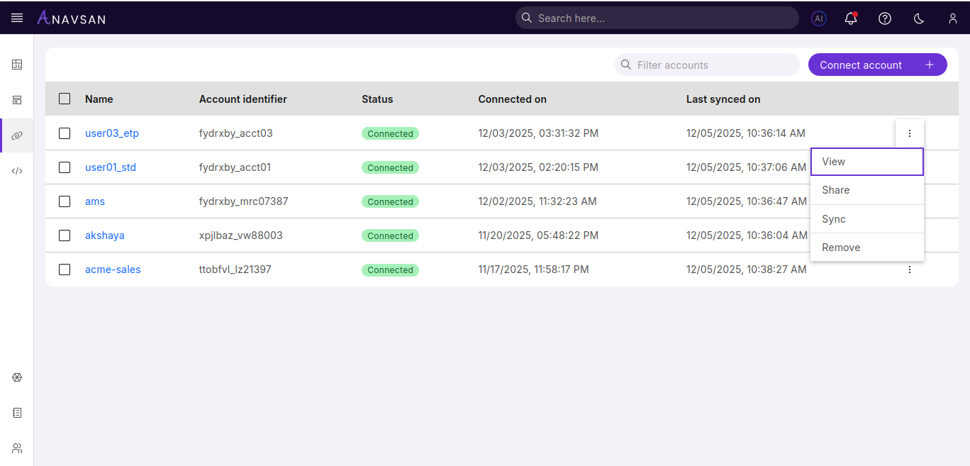 Accounts List - Actions Menu