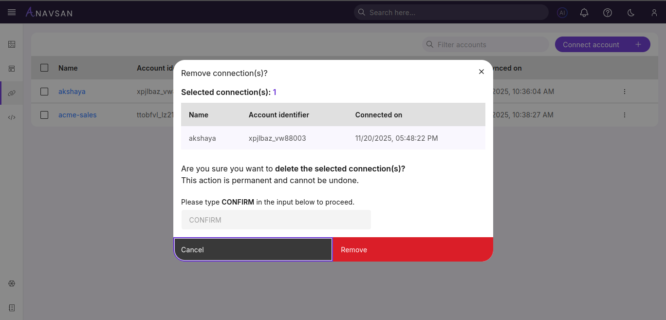 Accounts List - Remove Popup