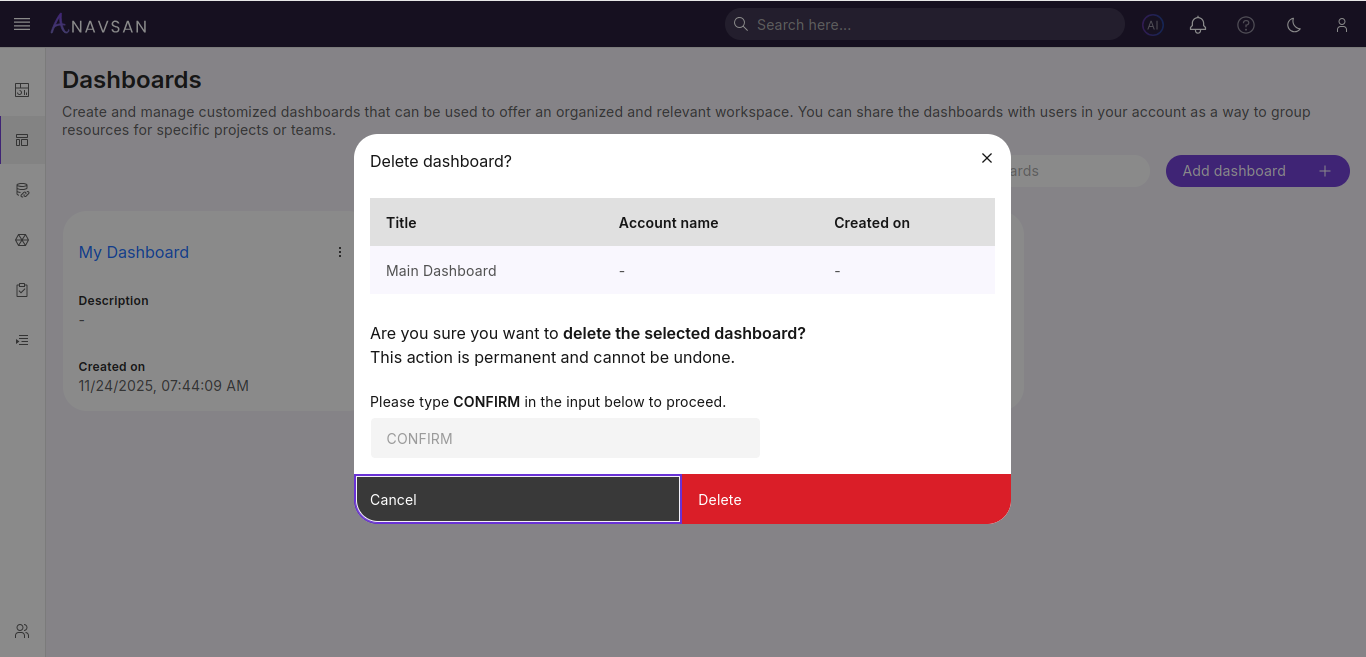 Delete dashboard pop-up