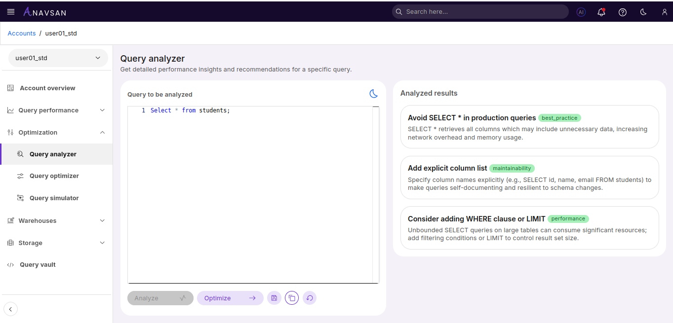 Query Analyzer - Analyzed Results