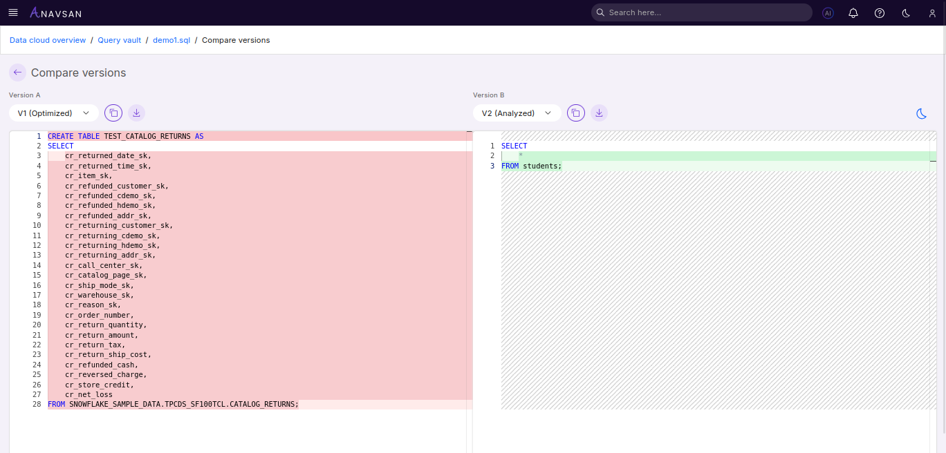 Query Vault Compare Versions