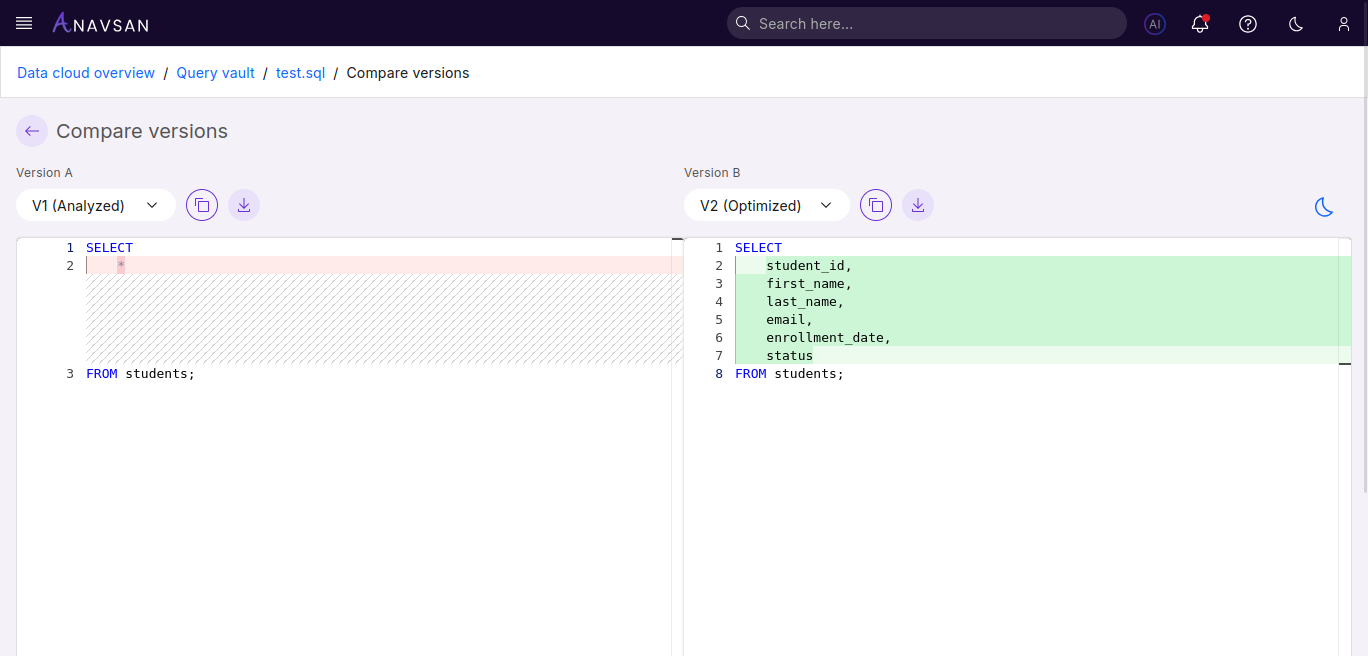 Query Vault Compare Versions