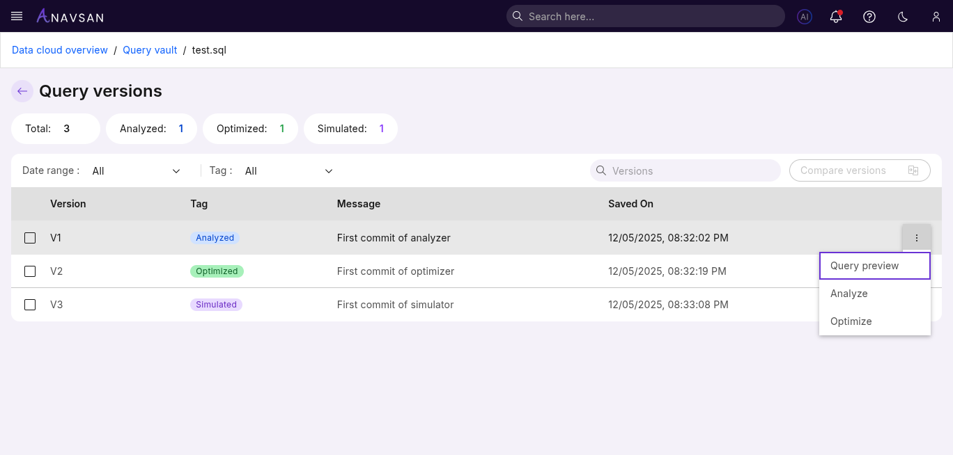 Query Vault Version Actions