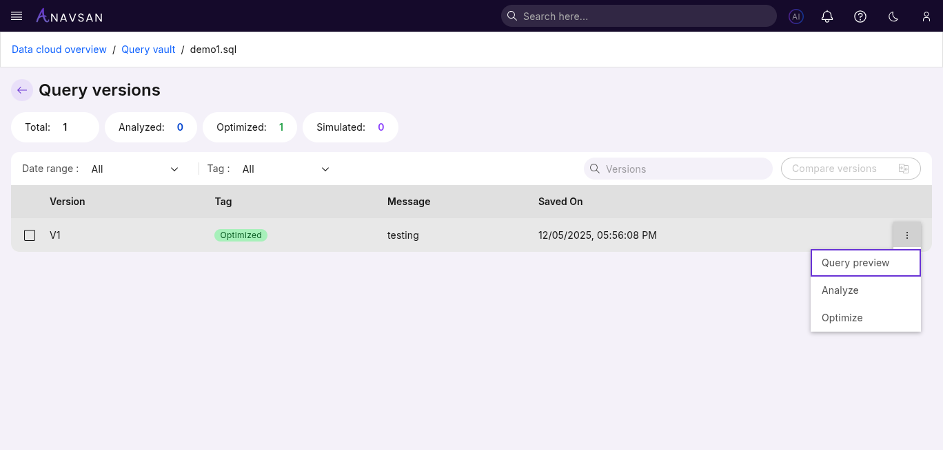 Query Vault Version Actions