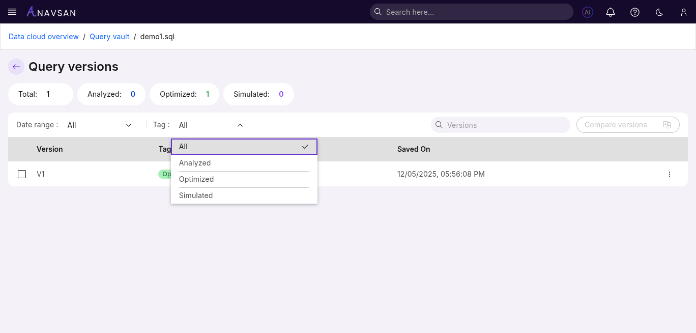 Query Versions Tag Filter