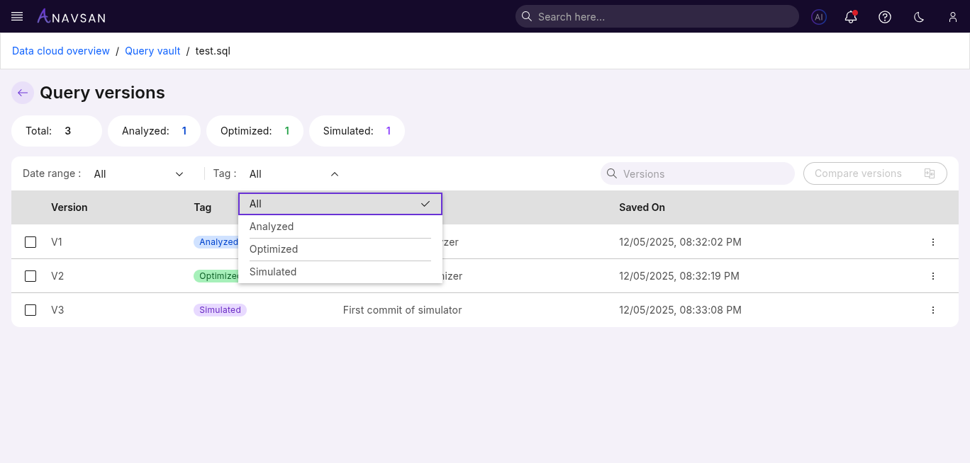 Query Versions Tag Filter