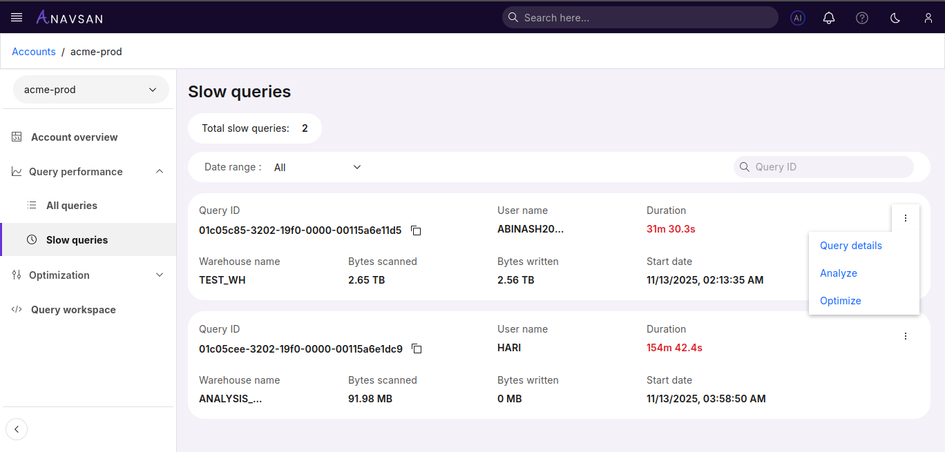 Slow Queries Actions Menu
