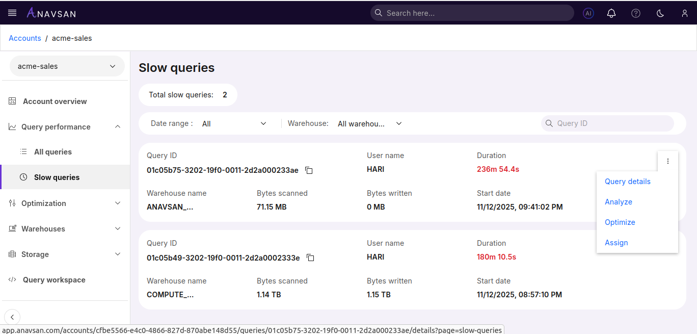 Slow Queries Actions Menu
